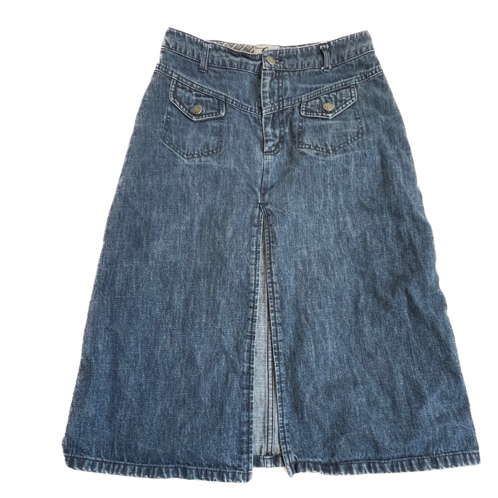 Chipie Denim Skirt Straight High Slit Size 40 US 10 Fly Front Yoke Pockets Midi